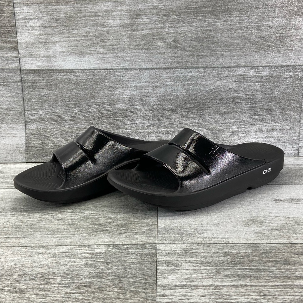 Oofos Ooahh Luxe Shiny Black Slide Recovery Sandals M… Gem